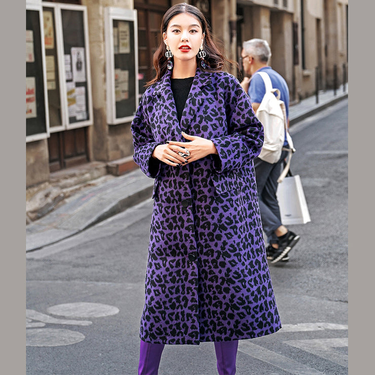 Fashion purple Leopard coats oversize Notched outwear Elegant pockets wool jackets