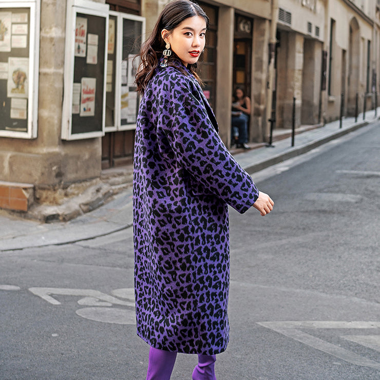 Fashion purple Leopard coats oversize Notched outwear Elegant pockets wool jackets