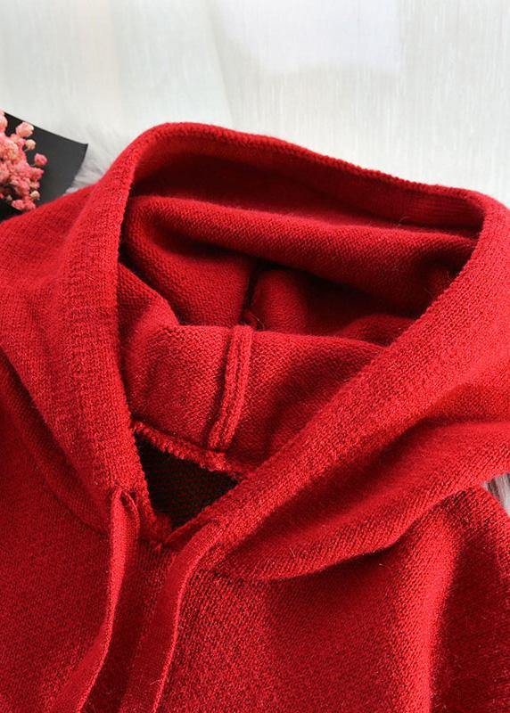 Fashion red Sweater weather Vintage hooded drawstring Hipster knitwear - SooLinen