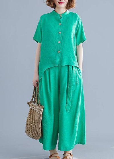 Fashion suit irregular short-sleeved shirt + elastic waist straps wide-leg pants silk green summer - SooLinen