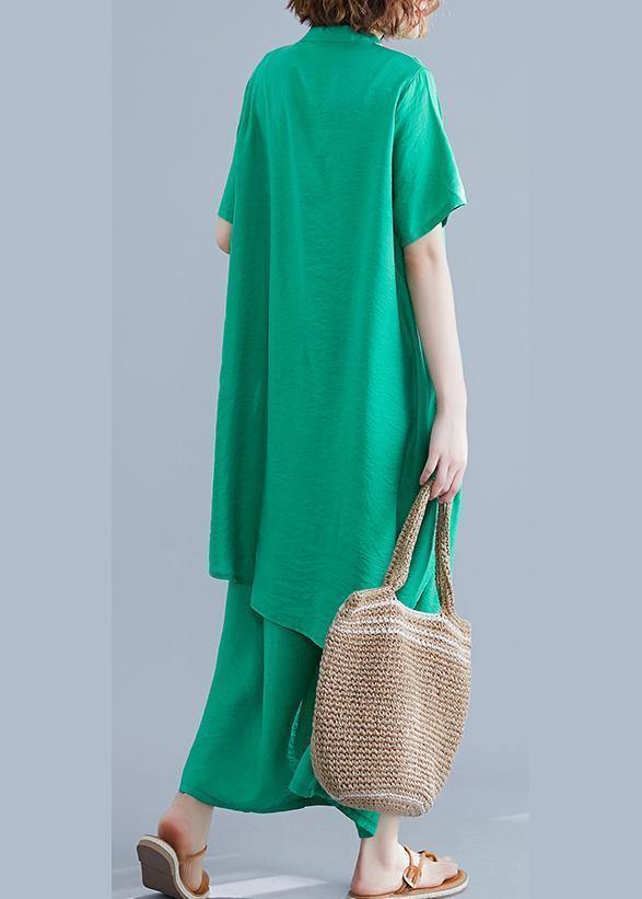 Fashion suit irregular short-sleeved shirt + elastic waist straps wide-leg pants silk green summer - SooLinen