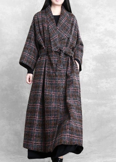 Fashion trendy plus size women coats gray plaid tie waist pockets wool coat - SooLinen