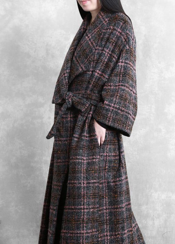 Fashion trendy plus size women coats gray plaid tie waist pockets wool coat - SooLinen