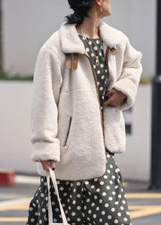 Fashion white wool coat for woman Loose fitting coats zippered lapel jackets - SooLinen