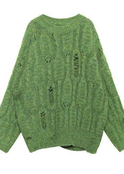 Fashion winter green sweaters plus size o neck patchwork Hole knit blouse - SooLinen