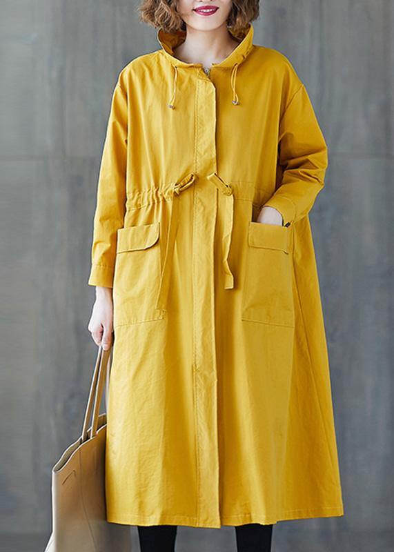 Fashion yellow Coat Women plus size fall Ruffled drawstring zippered coat - SooLinen
