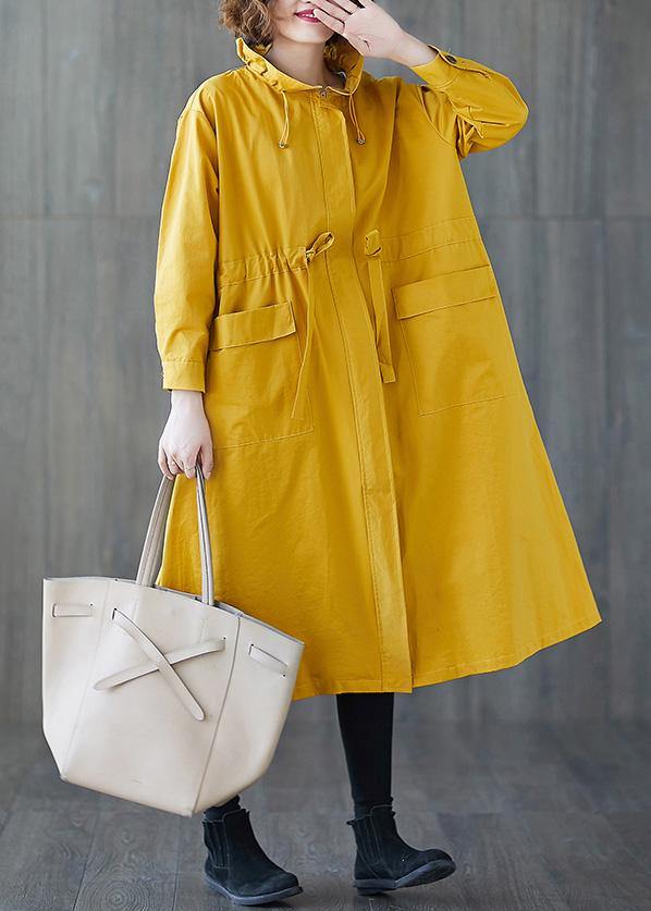 Fashion yellow Coat Women plus size fall Ruffled drawstring zippered coat - SooLinen