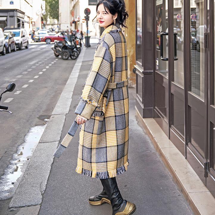 Fashion yellow Plaid coats casual Notched outwear 2018 pockets tassel Coats