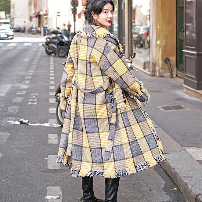 Fashion yellow Plaid coats casual Notched outwear 2018 pockets tassel Coats