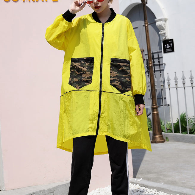 Fashion yellow thin Coat casual low high cardigans Fashion big pockets jackets