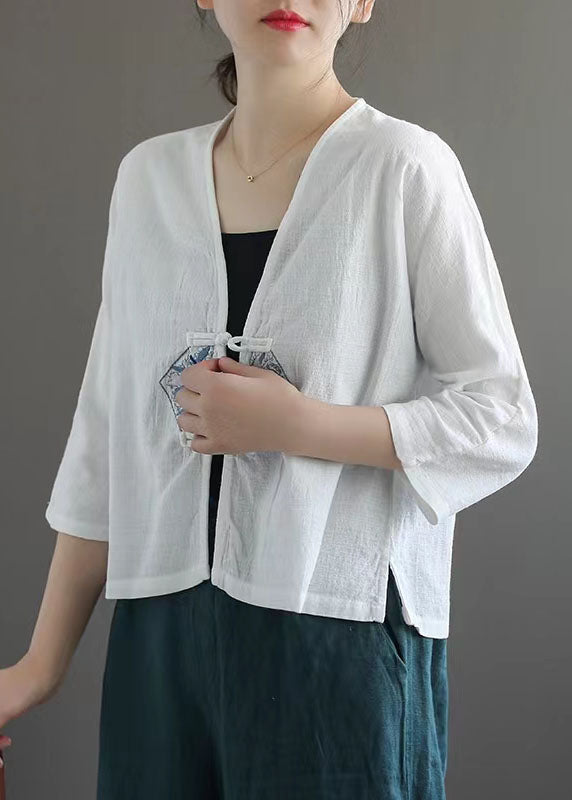 Fashion White Retro Embroidered Patchwork Summer Linen Blouse