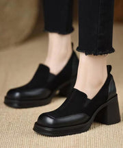 Faux Leather Chunky Chic Splicing Black Loafer Shoes