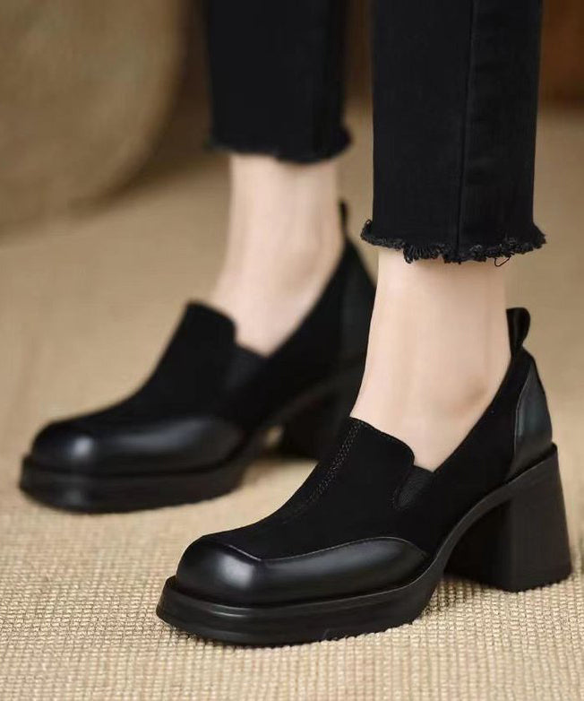 Faux Leather Chunky Chic Splicing Black Loafer Shoes