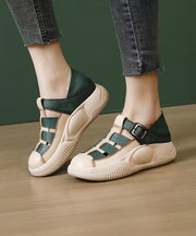 Faux Leather Green Platform Sandals Buckle Strap Splicing Hollow Out