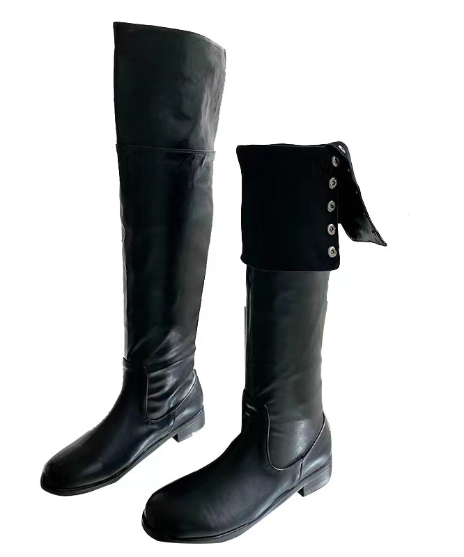 Faux Leather Long Boots Black Wrinkled Style Splicing