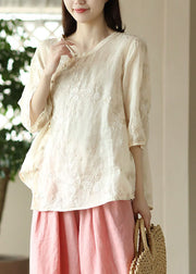Fine Apricot Embroidered Button Patchwork Linen Top Summer