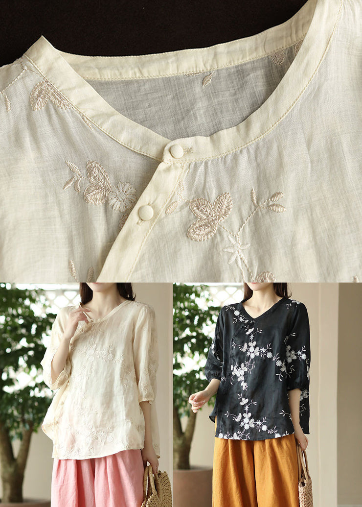 Fine Apricot Embroidered Button Patchwork Linen Top Summer