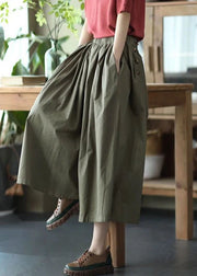 Fine Army Green Pockets Wrinkled Patchwork Linen Pants Skirt Summer