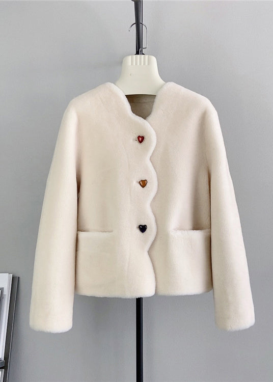 Fine Beige Pockets Heart Button Wool Coats Winter