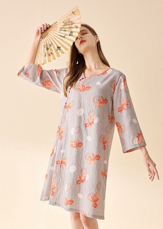 Fine Beige Print Oversized Cotton Mini Dresses Summer