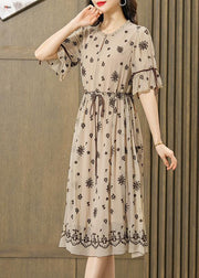 Fine Beige Ruffled Embroidered Exra Large Hem Silk Cinched Dress Summer