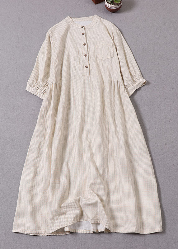 Fine Beige Stand Collar Plaid Cotton Vacation Dresses Half Sleeve