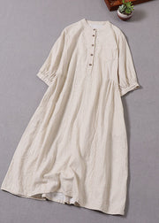 Fine Beige Stand Collar Plaid Cotton Vacation Dresses Half Sleeve