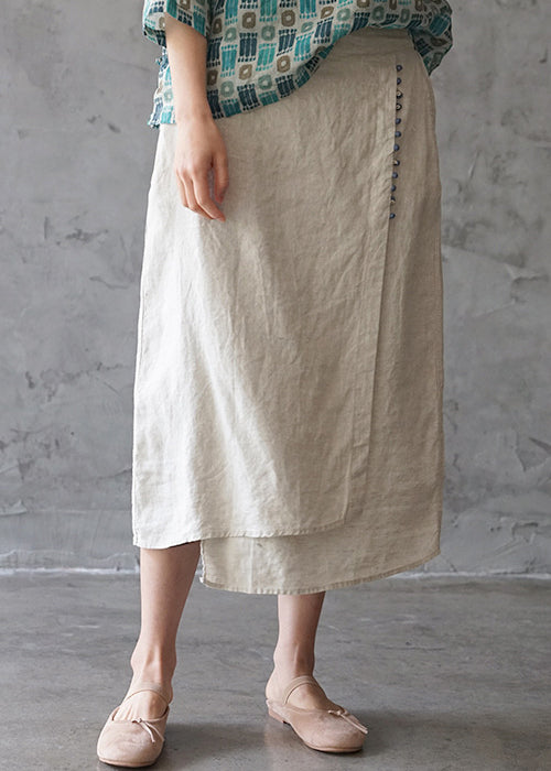 Fine Beige elastic waist asymmetrical design pocket Linen Skirts Spring