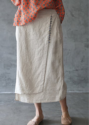 Fine Beige elastic waist asymmetrical design pocket Linen Skirts Spring