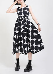 Fine Black Dot tie waist Summer Cotton Dress - SooLinen