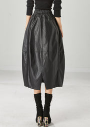 Fine Black Elastic Waist Patchwork Faux Leather Skirts Winter