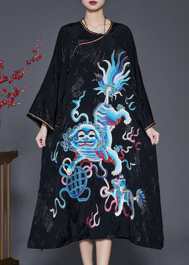Fine Black Embroidered Jacquard Silk Dresses Spring