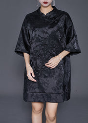 Fine Black Embroidered Chinese Button Silk Mini Dress Half Sleeve