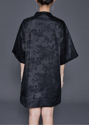 Fine Black Embroidered Chinese Button Silk Mini Dress Half Sleeve