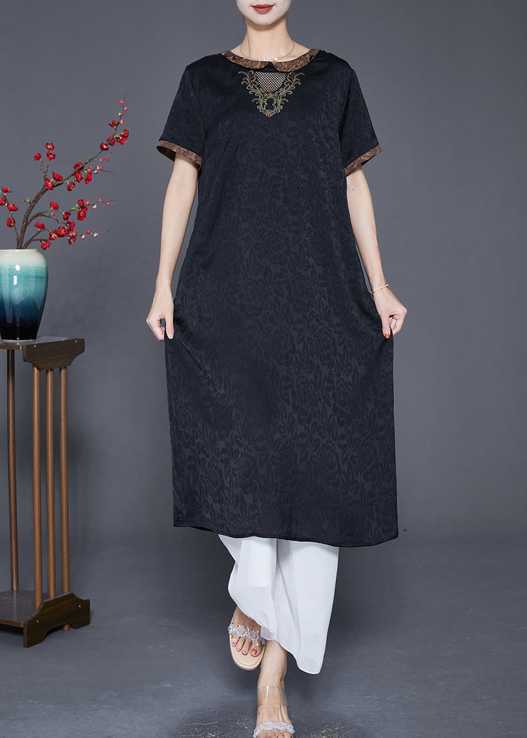 Fine Black Embroidered Hollow Out Silk Long Dresses Summer