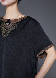 Fine Black Embroidered Hollow Out Silk Long Dresses Summer