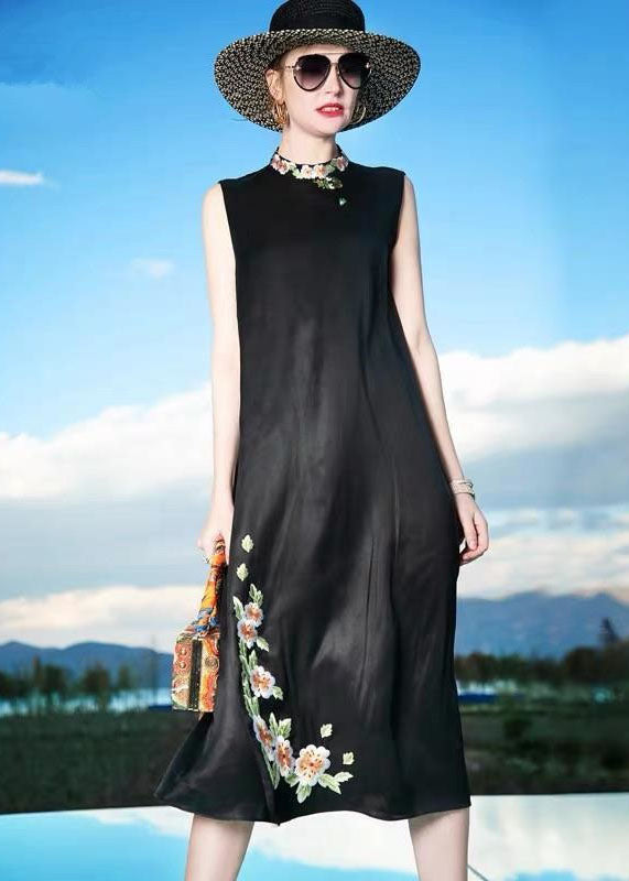 Fine Black Embroidered Patchwork Silk Dresses Sleeveless