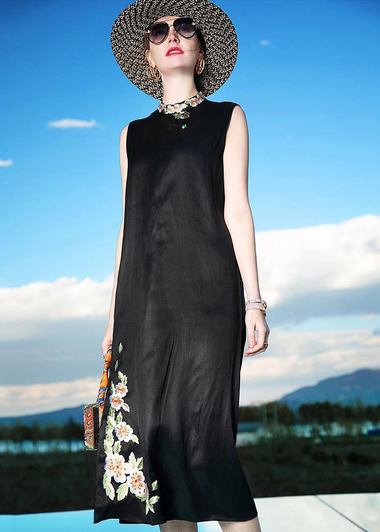 Fine Black Embroidered Patchwork Silk Dresses Sleeveless