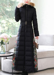 Fine Black Fur Collar Zippered Sashes Warm Thick Long Hooded Parka Winter