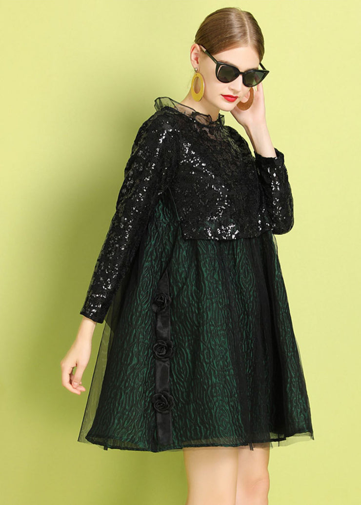 Fine Black Green Ruffled Sequins Bow Patchwork Tulle Mid Dress Summer