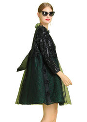 Fine Black Green Ruffled Sequins Bow Patchwork Tulle Mid Dress Summer