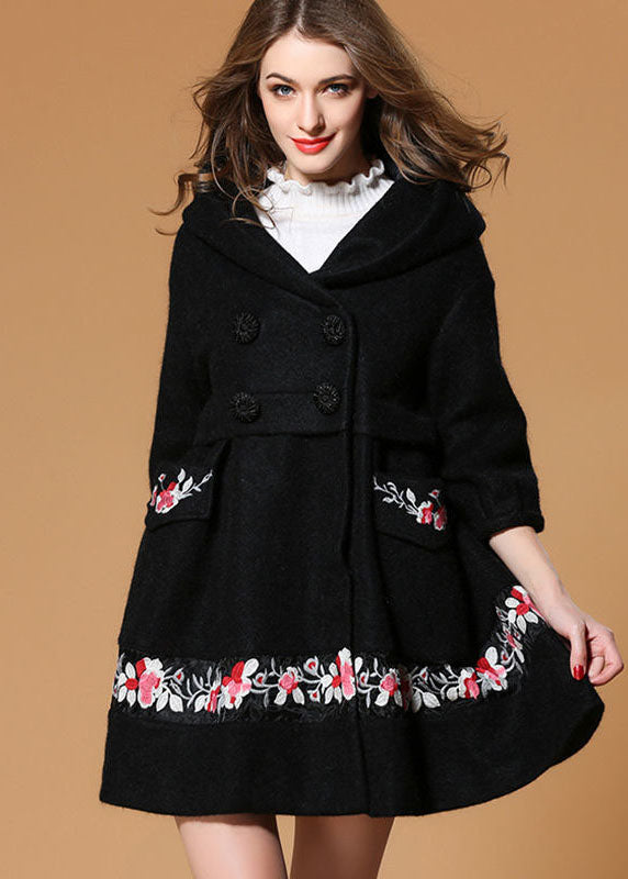Fine Black Hooded Embroidered Woolen Coats Half Sleeve