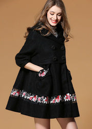 Fine Black Hooded Embroidered Woolen Coats Half Sleeve