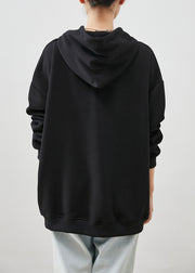 Fine Black Hooded Letter Print Cotton Sweatshirt Streetwear Fall