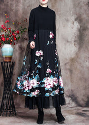 Fine Black Lace Patchwork Knit Robe Dresses Spring