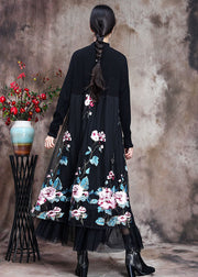 Feine schwarze Spitze Patchwork Knit Robe Kleider Frühling