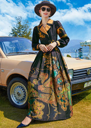 Fine Black Notched Collar Print Silk Cinch Dresses Spring