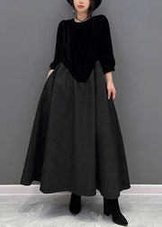 Fine Black O-Neck Asymmetrical Patchwork Silk Velour Dress Fall