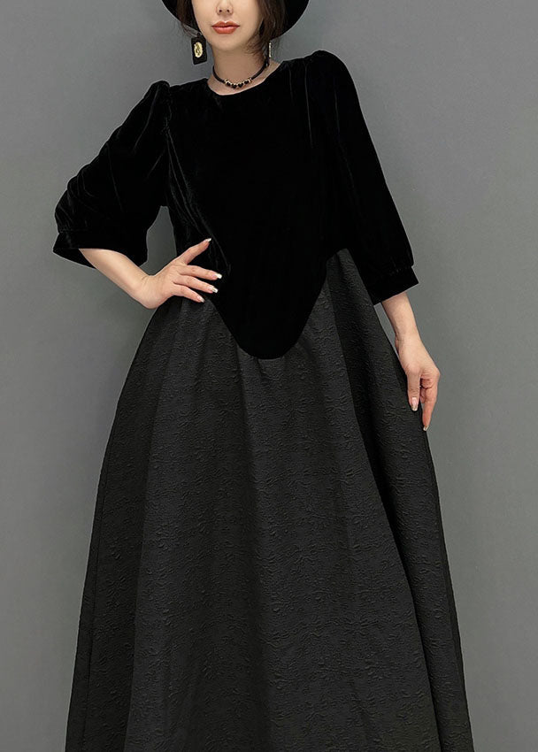 Fine Black O-Neck Asymmetrical Patchwork Silk Velour Dress Fall