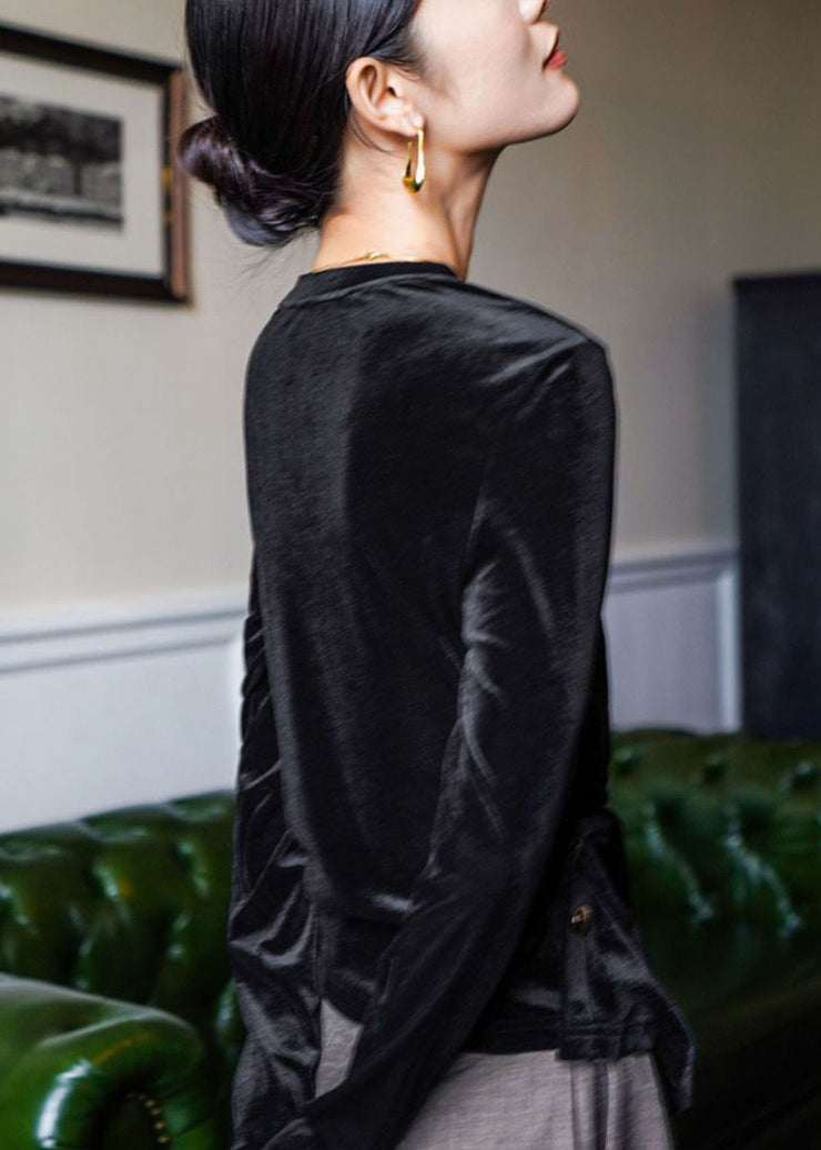 Fine Black O-Neck Asymmetrical Silk Velour Top Long Sleeve
